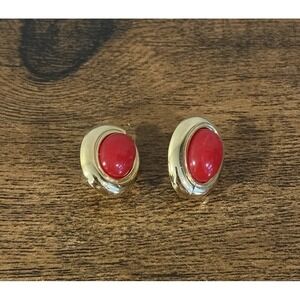 Monet Vintage Dome Gold Tone Red Gemstone Cabochon Earrings